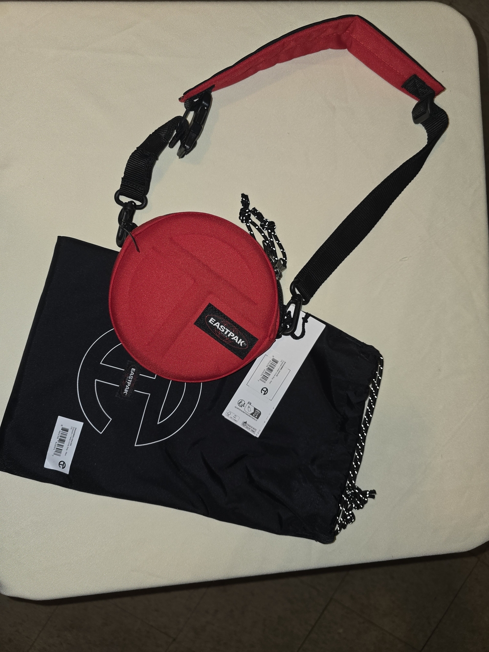 Telfar Red Round Crossbody Bag with Black Strap